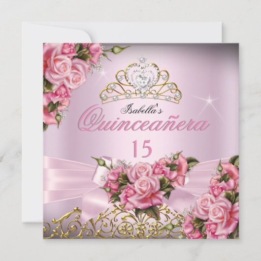 Quinceanera  Roze Roses Tiara 15e verjaardag Kaart (Voorkant)