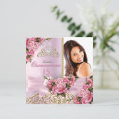 Quinceanera  Roze Roses Tiara Foto van Birthday Kaart (Staand voorkant)