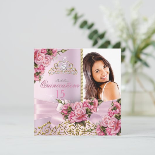 Quinceanera  Roze Roses Tiara Foto van Birthday Kaart (Staand voorkant)