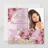 Quinceanera  Roze Roses Tiara Foto van Birthday Kaart (Voorkant)