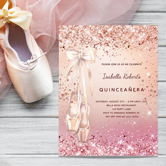 Quinceanera roze roze ballerina budget uitnodiging flyer