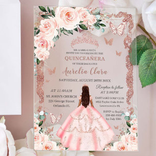 Quinceañera Roze Roze Gouden Bloemen Prinses Acryl Uitnodigingen