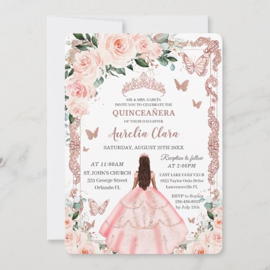Quinceañera Roze Roze Gouden Prinses Kaart (Voorkant)