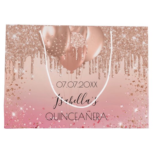 Quinceanera roze roze roos goudglitter druppelball groot cadeauzakje (Achterkant)