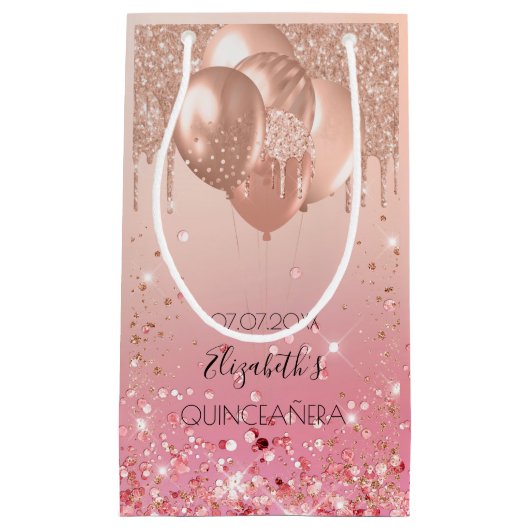 Quinceanera roze roze roos goudglitter druppelball klein cadeauzakje (Voorkant)