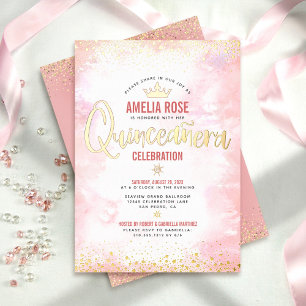 Quinceañera Roze Roze Watercolor Kroon Echt Goud Folie Uitnodiging
