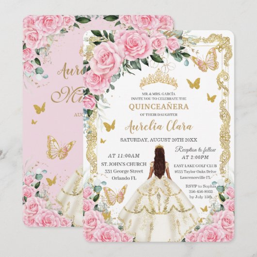 Quinceañera Roze Rozen Bloemen Witte Jurk Prinses Kaart (Voorkant / Achterkant)