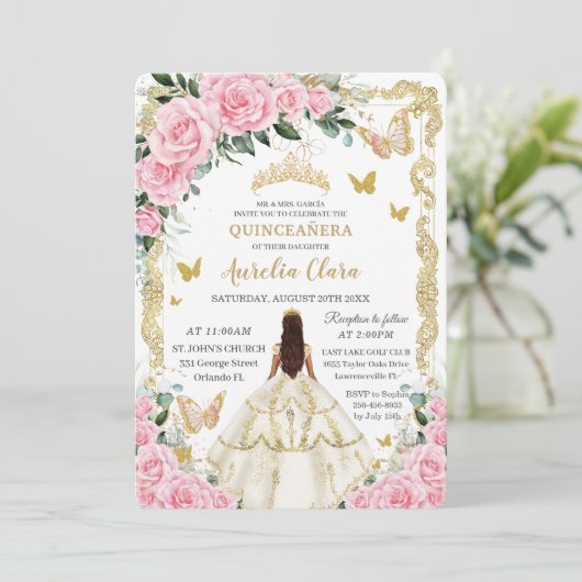 Quinceañera Roze Rozen Bloemen Witte Jurk Prinses Kaart (Staand voorkant)