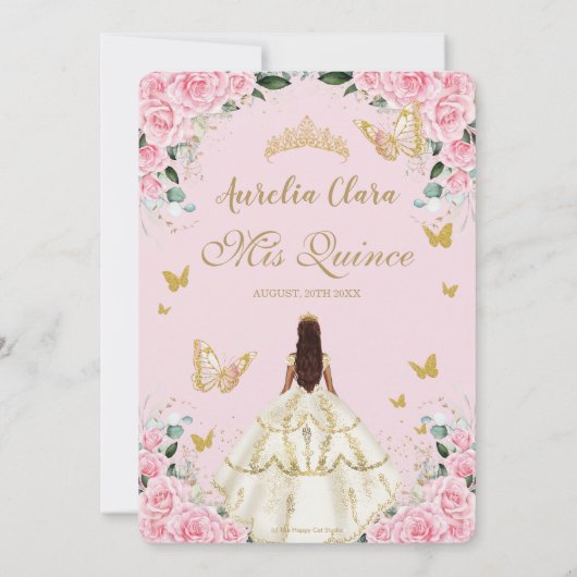 Quinceañera Roze Rozen Bloemen Witte Jurk Prinses Kaart (Achterkant)