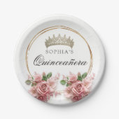 Quinceañera Roze Rozen Kroon Verjaardag Decor Papieren Bordje (Voorkant)