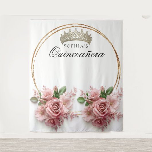 Quinceañera Roze Rozen Kroon Verjaardagsdecoratie Wandkleed (Voorkant)
