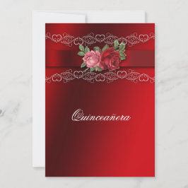 Quinceanera roze rozen rode satijnen uitnodiging
