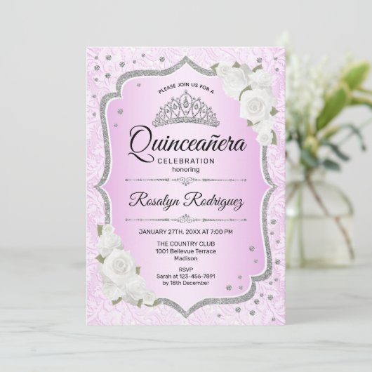 Quinceanera - Roze Silver Uitnodiging (Staand voorkant)