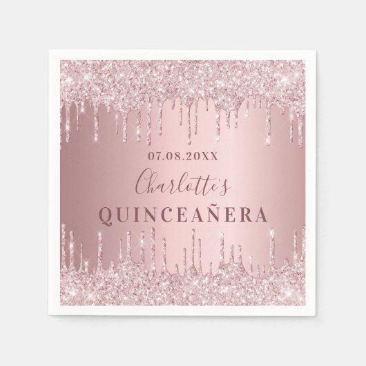 Quinceanera roze stoffige roos glitter monogram servet (Voorkant)