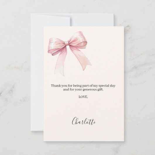 Quinceanera roze strik crème bedankkaart (Achterkant)