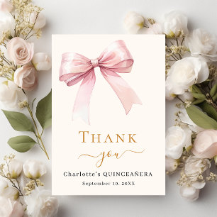 Quinceanera roze strik crème bedankkaart