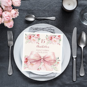 Quinceanera roze strik crème bloemen rozen servet