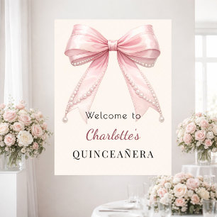 Quinceanera roze strik crèmekleurige ivoor parels poster