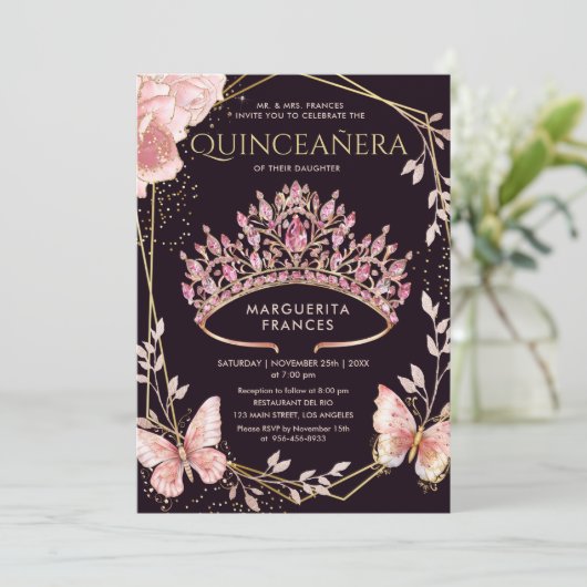 Quinceañera Roze Tiara Bloemenvlinder Elegant Kaart (Staand voorkant)