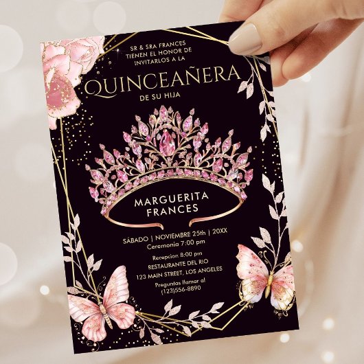 Quinceañera Roze Tiara Bloemenvlinder Spaans Kaart