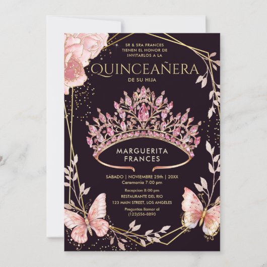 Quinceañera Roze Tiara Bloemenvlinder Spaans Kaart (Voorkant)