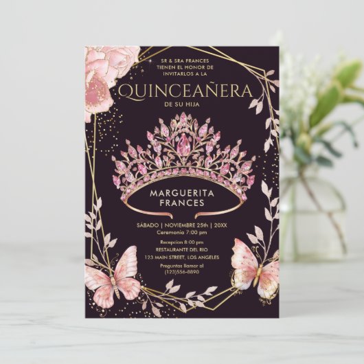 Quinceañera Roze Tiara Bloemenvlinder Spaans Kaart (Staand voorkant)