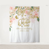 Quinceanera Roze Vlinders Bloemstuk Achtergrond Wandkleed (Voorkant)