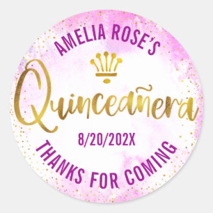 Quinceañera Roze Waterverf Gold Foil Modern Glam Ronde Sticker