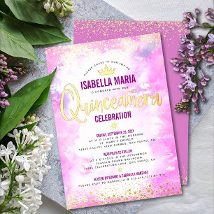 Quinceañera Roze Waterverf Kroon Meisjes Echt Goud Folie Uitnodiging