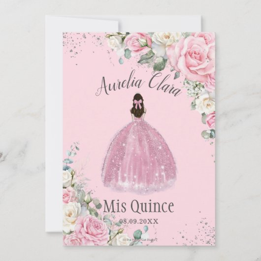 Quinceañera Roze Witte Bloemen Zilver 16e Verjaard Kaart (Achterkant)