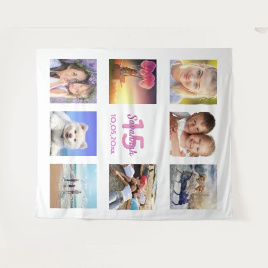 Quinceanera roze witte fotocollage naam wandkleed (Voorkant (horizontaal))