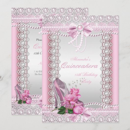 Quinceanera  Roze Witte Rozenhoge Hiel Kaart (Voorkant / Achterkant)
