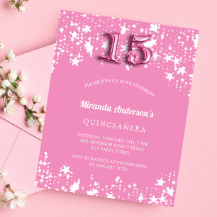 Quinceanera roze witte sterren budget uitnodiging flyer