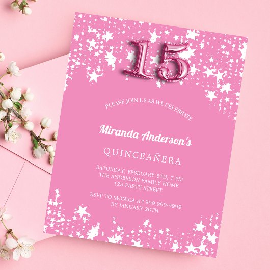 Quinceanera roze witte sterren budget uitnodiging flyer