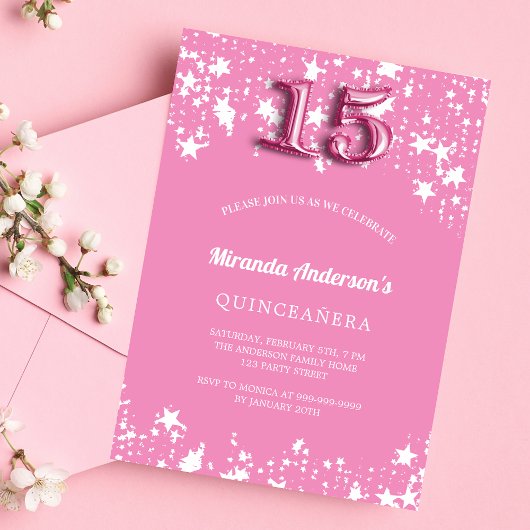 Quinceanera roze witte sterren uitnodiging briefkaart
