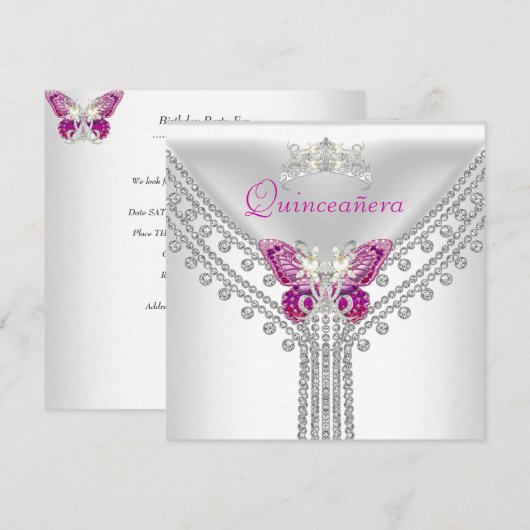 Quinceañera Roze Witte Vlinder Diamant 2 Kaart (Voorkant / Achterkant)