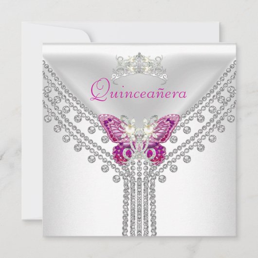 Quinceañera Roze Witte Vlinder Diamant 2 Kaart (Voorkant)