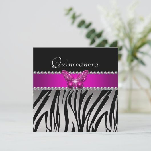 Quinceanera Roze Zebra Silver Black Butterfly Kaart (Staand voorkant)