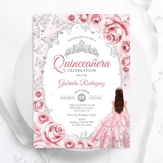 Quinceanera Roze Zilveren Bloem Kaart