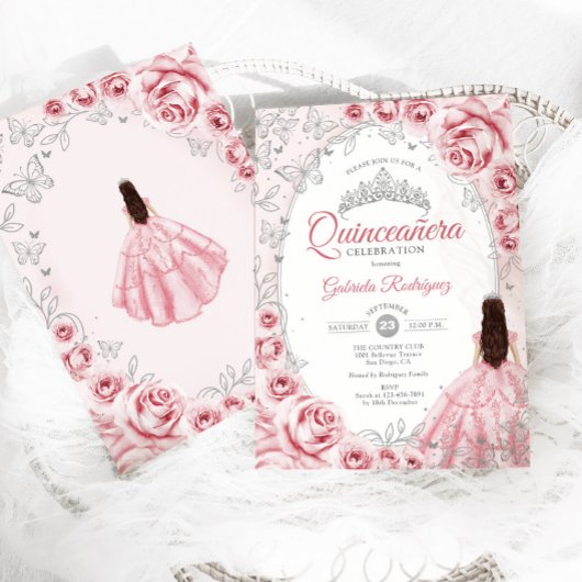 Quinceanera Roze Zilveren Bloem Kaart