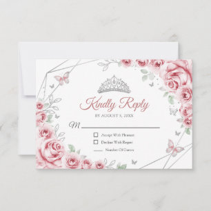 Quinceanera Roze Zilveren Bloemige Reactie RSVP Kaartje