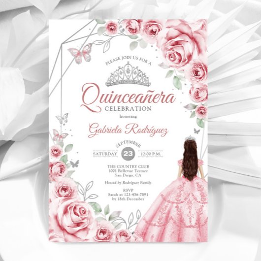Quinceanera Roze Zilveren Jurk Bloemen Kaart