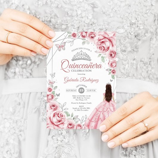 Quinceanera Roze Zilveren Jurk Bloemen Kaart