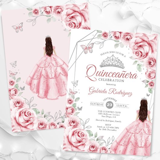 Quinceanera Roze Zilveren Jurk Bloemen Kaart
