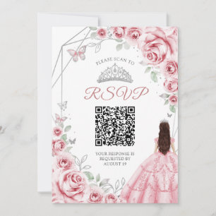 Quinceanera Roze Zilveren Jurk Bloemen RSVP QR cod Kaart