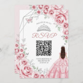 Quinceanera Roze Zilveren Jurk Bloemen RSVP QR cod Kaart (Voorkant / Achterkant)