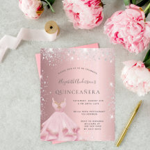 Quinceanera roze zilveren jurk uitnodiging