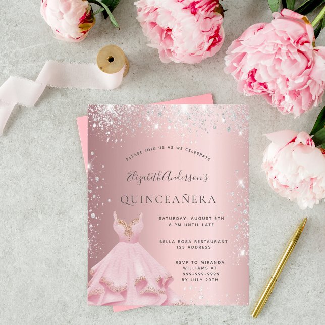 Quinceanera roze zilveren jurk uitnodiging (Creator heeft geüpload)