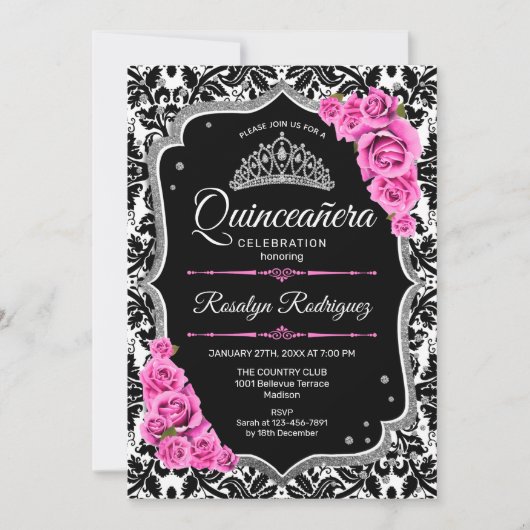 Quinceanera - Roze zwarte zilver Kaart (Voorkant)