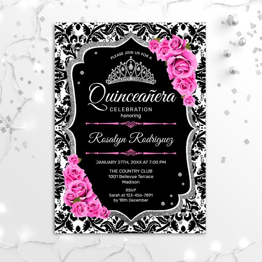 Quinceanera - Roze zwarte zilver Kaart